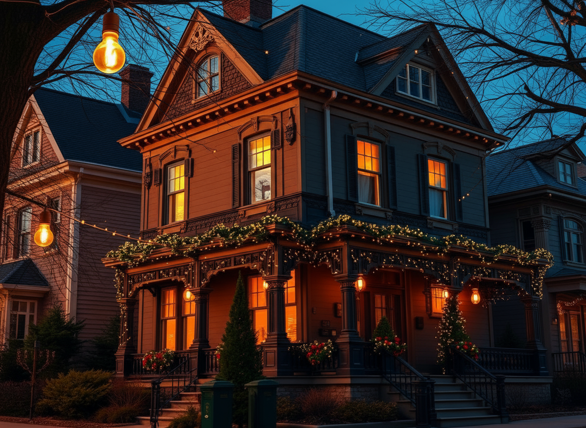 Victorian house elegant Christmas lighting